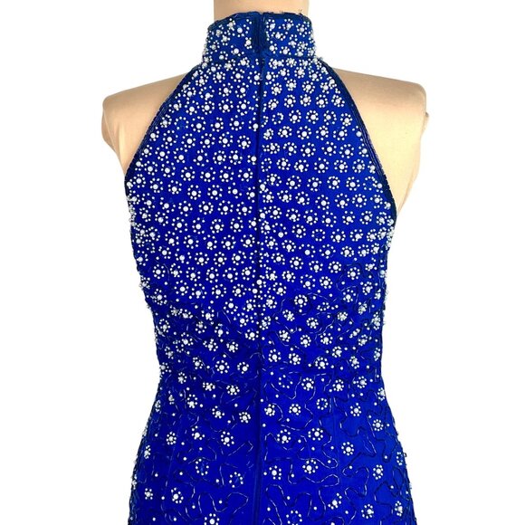 VTG 90s Ibiza Silk Hand Beaded Halter Neck Column Gown S Maxi Dress Royal Blue - Picture 6 of 12